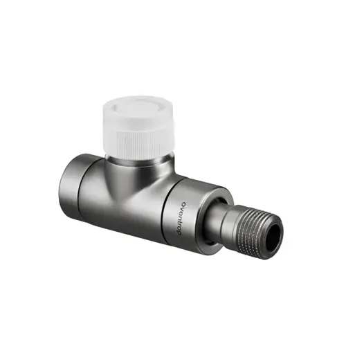 Thermostatventil von Oventrop in Edelstahl-Optik mit einem Durchgangsanschluss und einem Ventilkopf, geeignet für Heizungs- und Kühlsysteme.